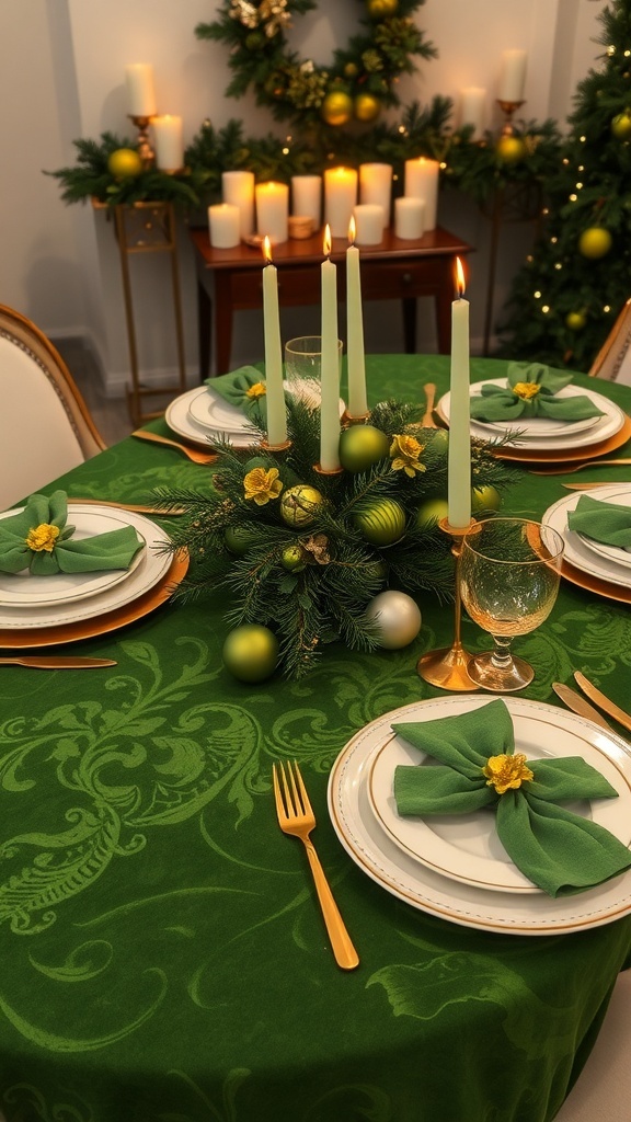 Elegant Green Christmas Table Settings Elegant green Christmas table setting with white dinnerware, gold flatware, and natural decorations.